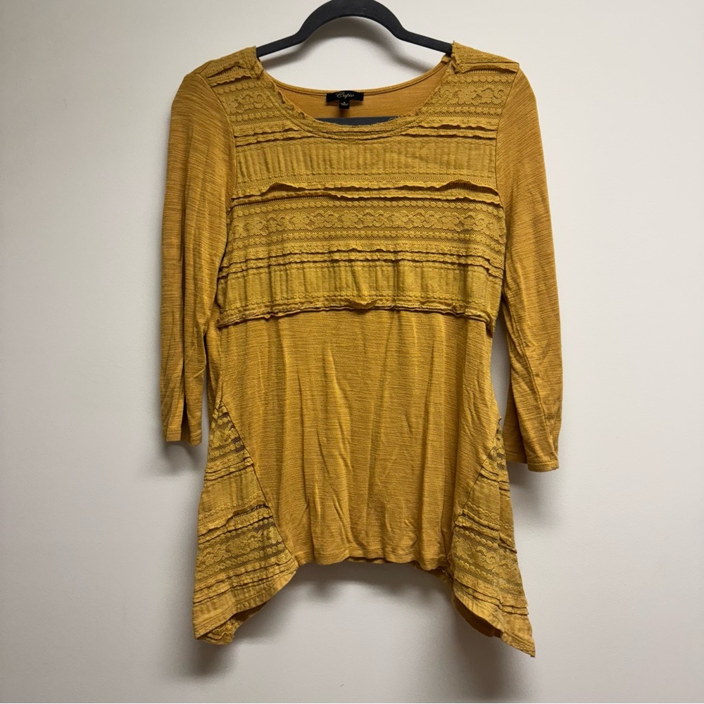 Cupio Mustard Yellow Tunic Layered Lace 3/4 Sleeve Blouse EUC Size S